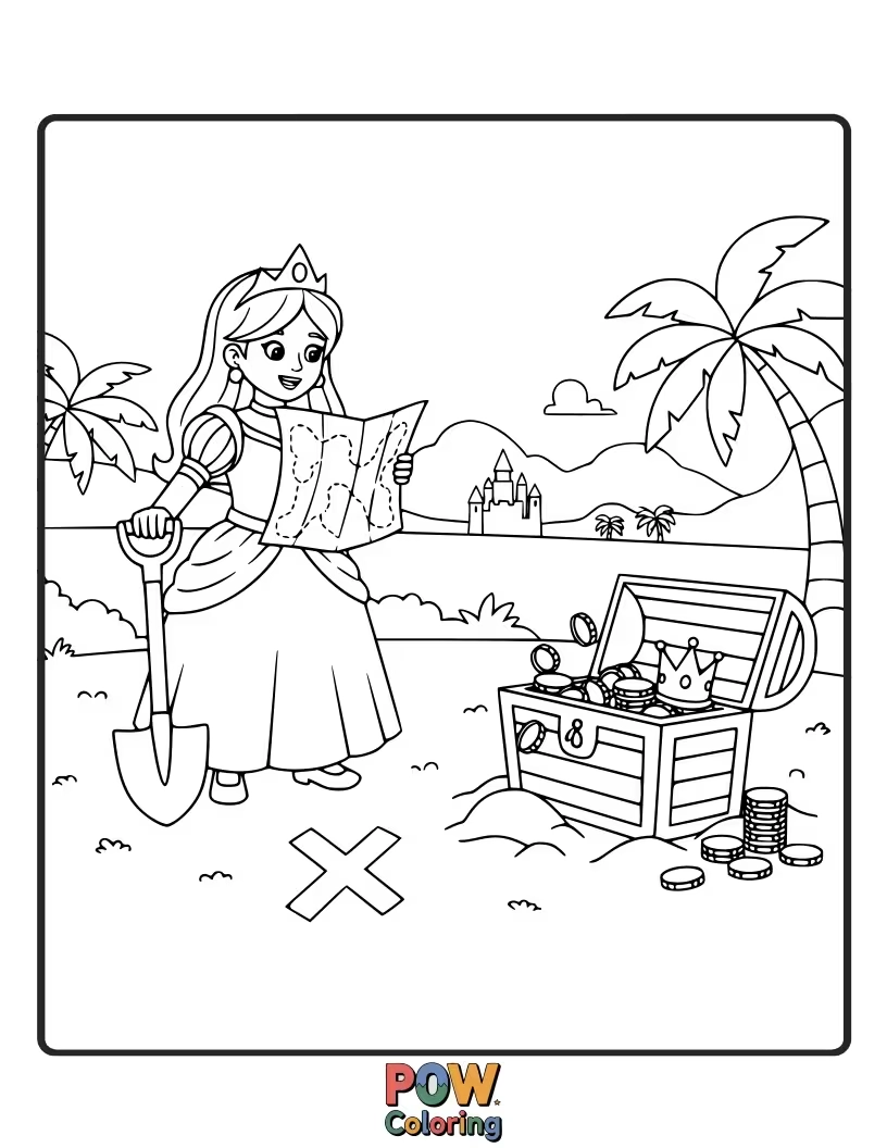 Free coloring page of A curious princess discovering a chest filled with sparkling jewels and hidden treasures.