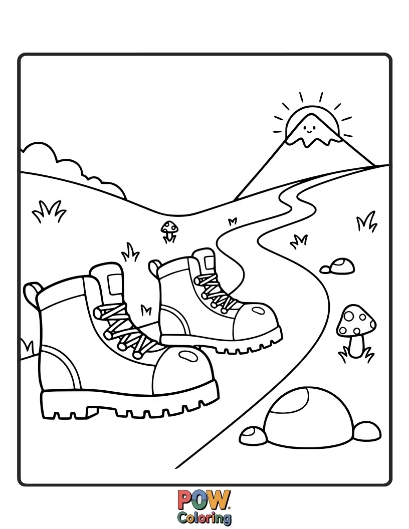 Free coloring page of A pair of sturdy hiking boots next to a winding forest path. Prepare for outdoor exploration and walks.