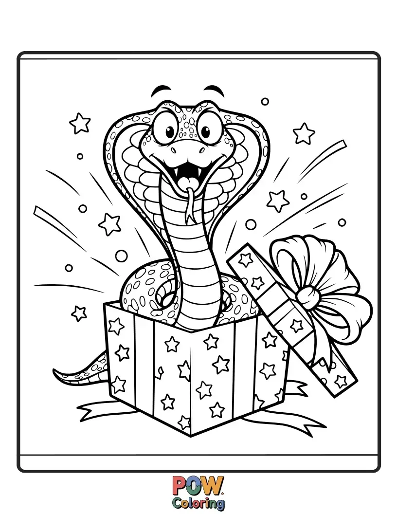 Free coloring page of A funny cobra snake popping out of a birthday cake with confetti, looking surprised and excited.