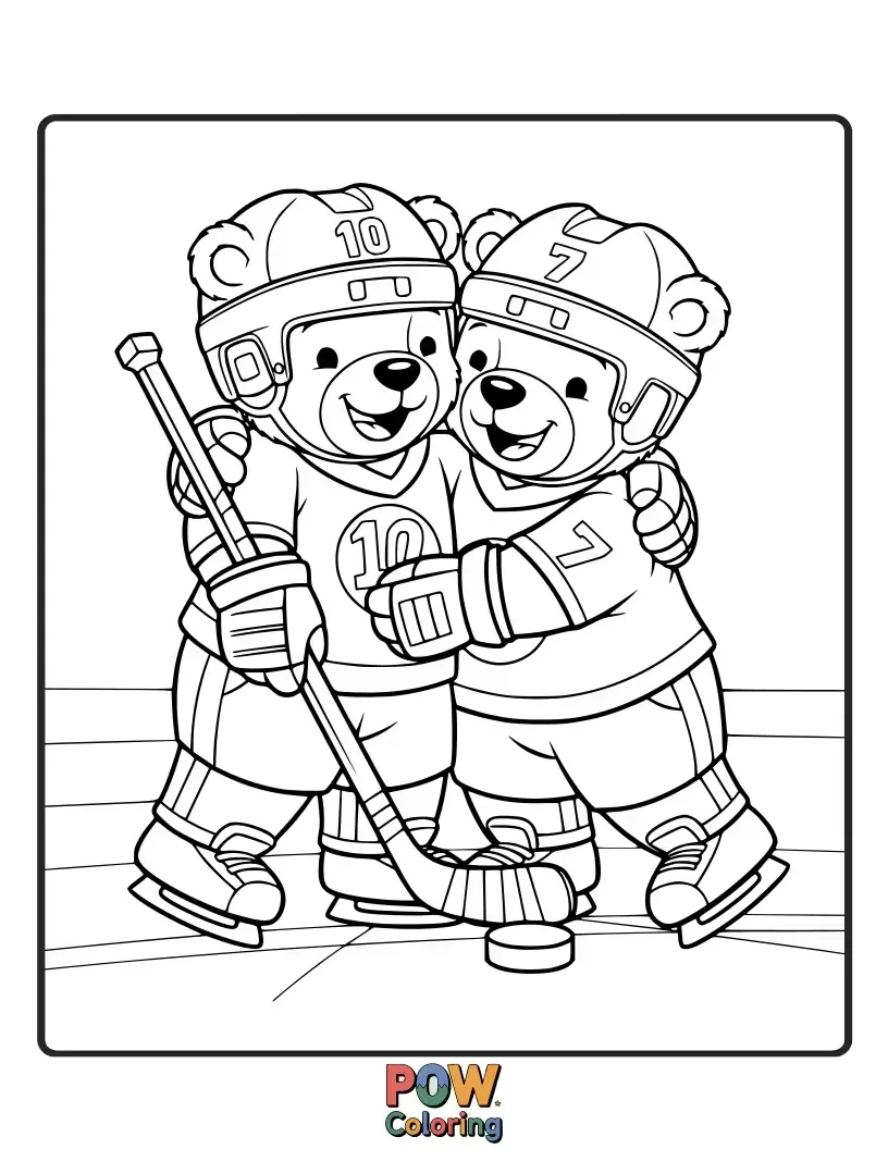 Free coloring page of A fluffy bear in hockey gear sharing a big hug with a friendly moose, both smiling with their skates on. Perfect for a heartwarming scene.