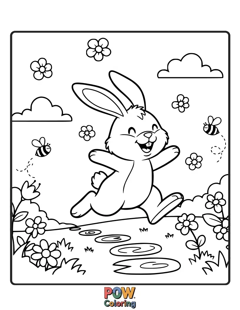 Free coloring page of A cheerful Easter bunny on a scooter, zooming through a field of daffodils and tulips.