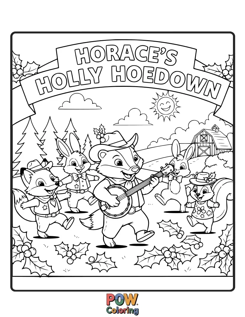 Free coloring page of Horace Horsecollar leads a lively Christmas dance with friends, surrounded by holly decorations.