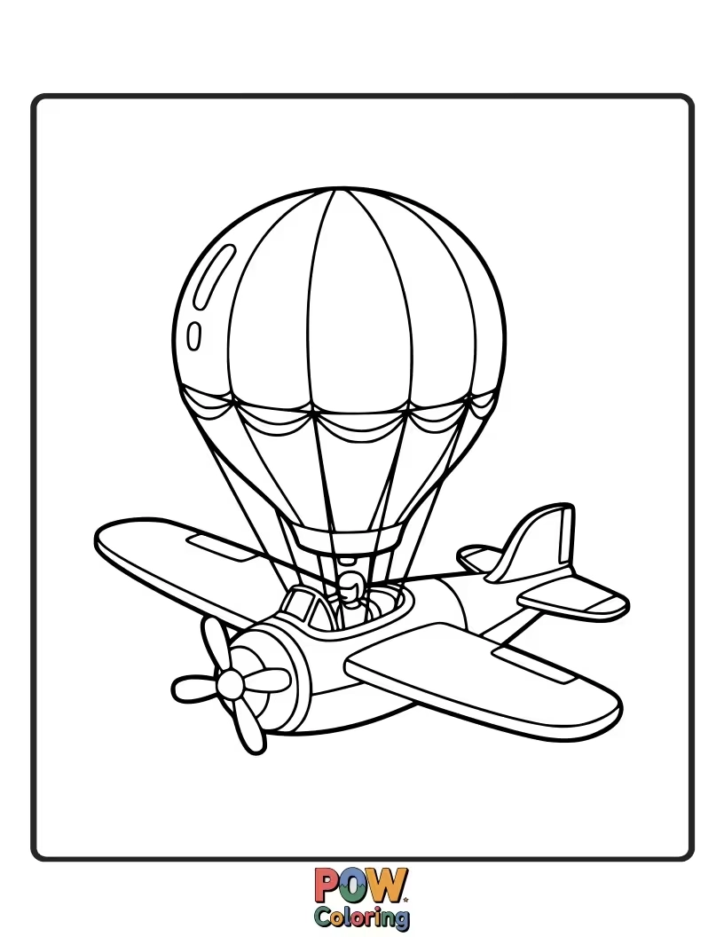 Free coloring page of An airplane cleverly disguised as a hot air balloon, gently floating amongst puffy clouds with a smiling pilot.