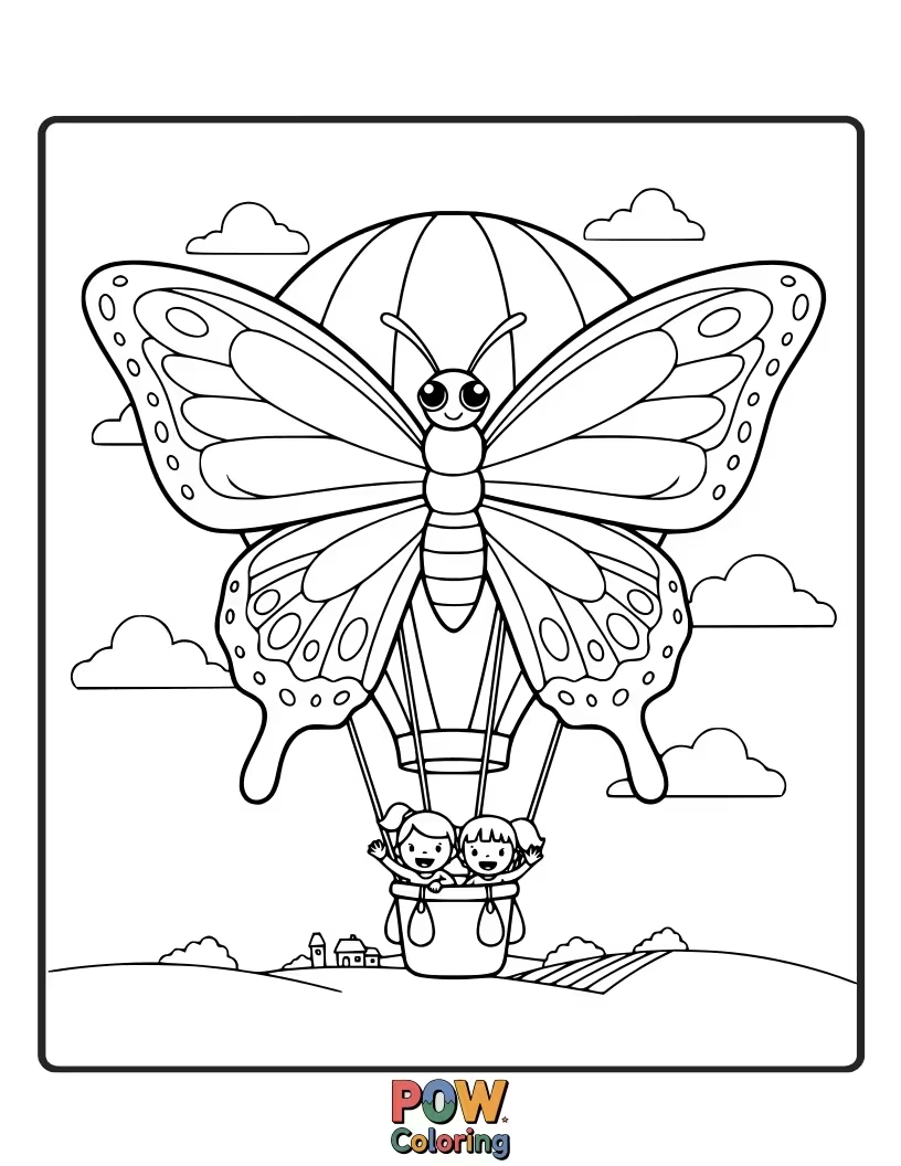 Free coloring page of A cheerful butterfly with hot air balloon wings, embarking on a scenic adventure above a picturesque landscape.