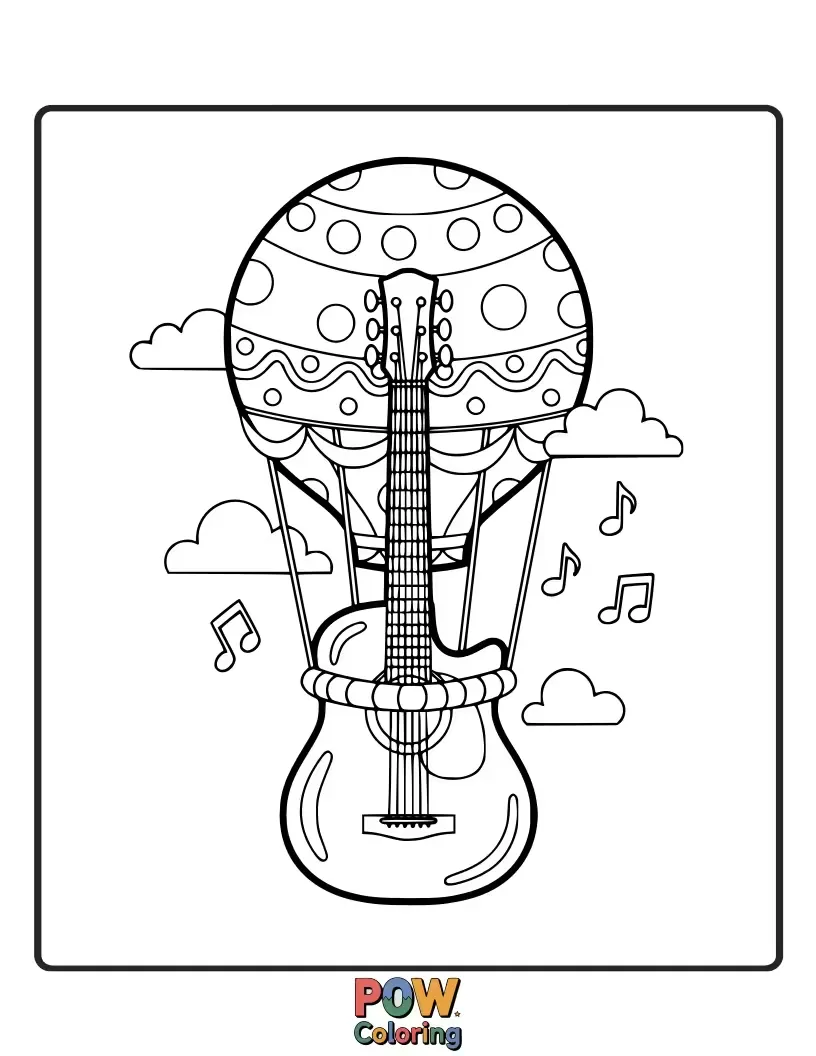 Free coloring page of A guitar styled as a hot air balloon, floating serenely in the sky.