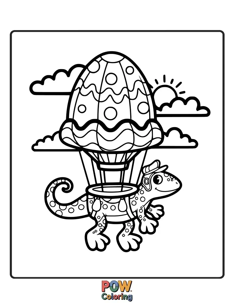 Free coloring page of A whimsical lizard peeking out of a colorful hot air balloon basket, floating gently.