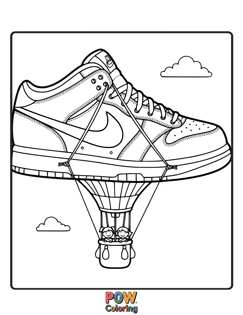Free coloring page of A charming Nike shoe gently floating in a hot air balloon basket, drifting through a pastel sky.