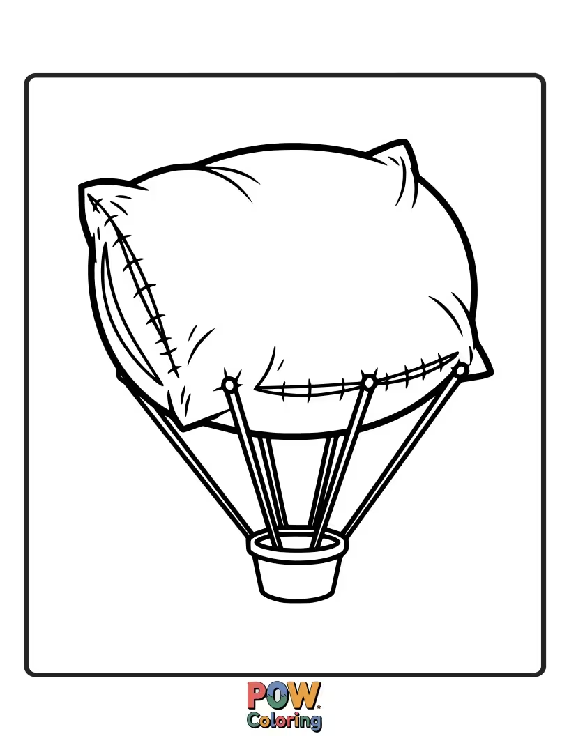 Free coloring page of A round pillow designed as a miniature hot air balloon, ready for an imaginary flight. Color its colorful canopy.
