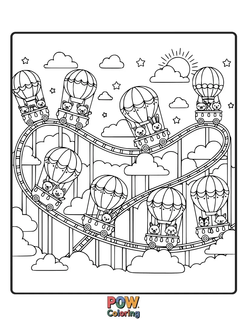 Free coloring page of Ride a roller coaster that resembles a cluster of colorful hot air balloons soaring above the land.
