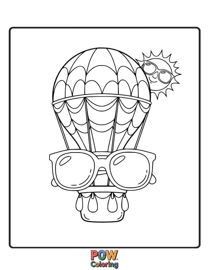 Free coloring page of A whimsical hot air balloon with sunglasses, floating on an adventure through a colorful sky.