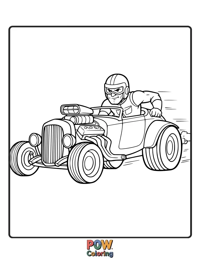 Free coloring page of A classic hot rod with flames and custom modifications, ready to burn rubber on the asphalt.