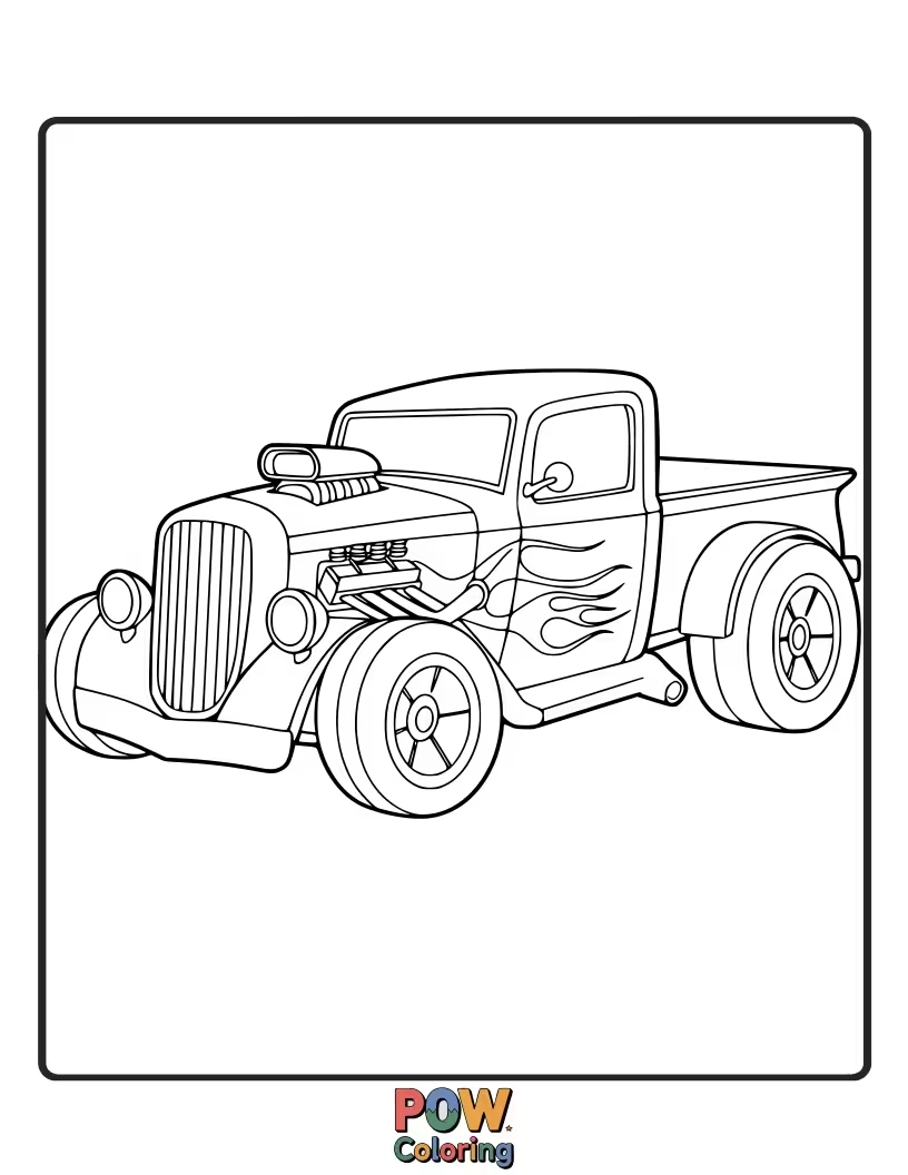 Free coloring page of A customized hot rod truck, built for speed and style. Let creativity run wild with dazzling colors.