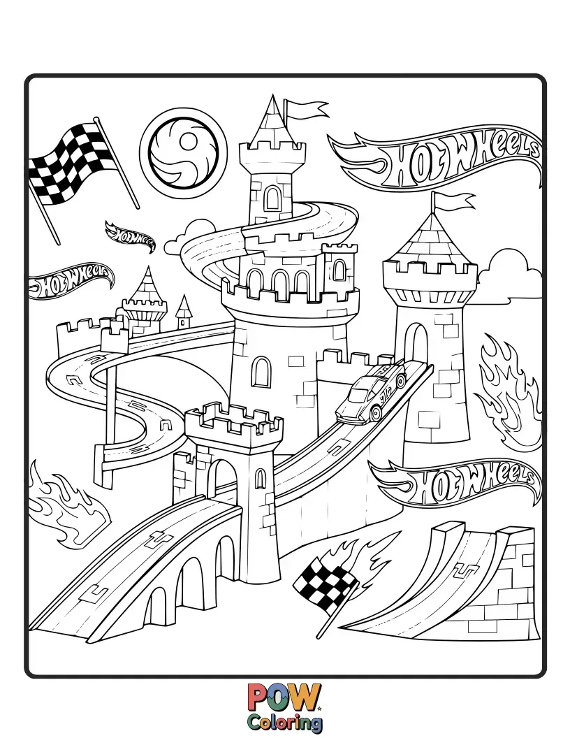 Free coloring page of A brave Hot Wheels knight car on a mission to a majestic, fairytale castle with flags and a moat.