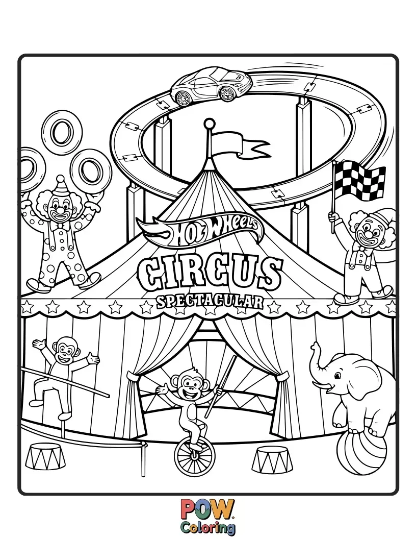 Free coloring page of A vibrant Hot Wheels car with circus tent decorations, ready for a dazzling show with juggling clowns and acrobats.