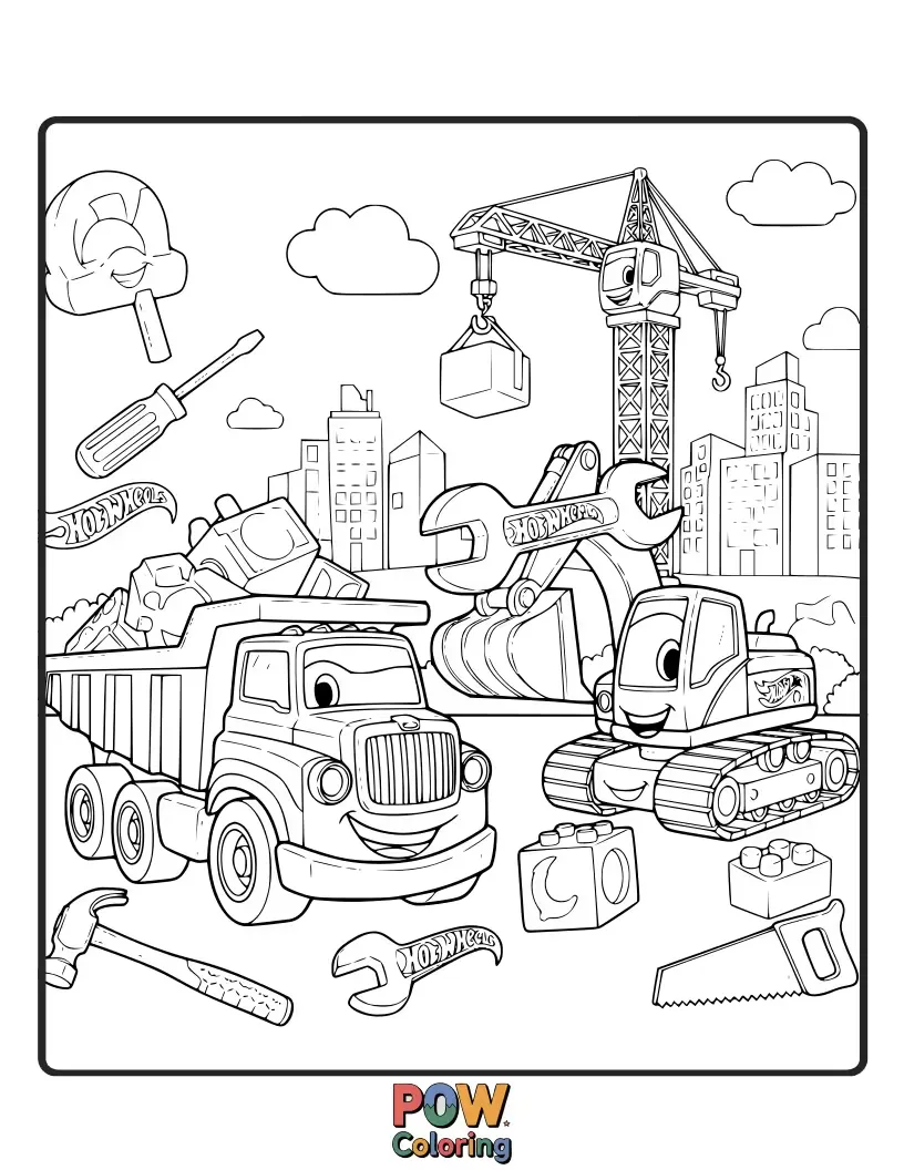 Free coloring page of A mighty Hot Wheels dump truck and digger working together on a fun construction site.