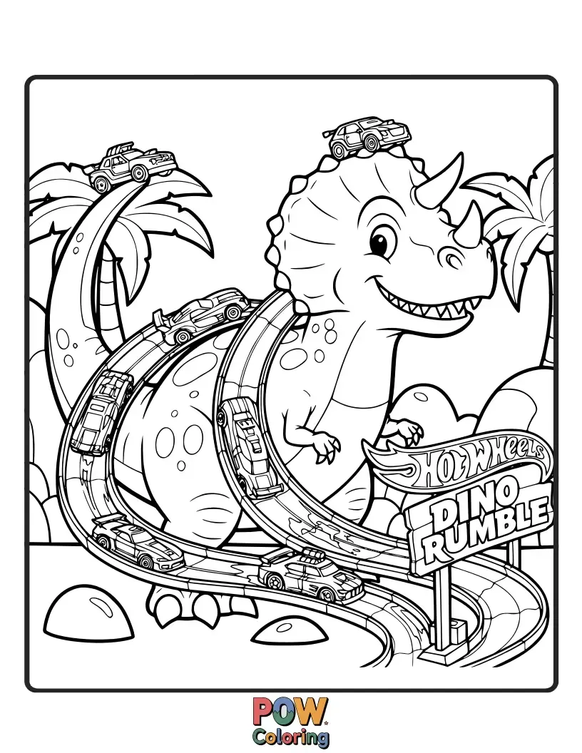 Free coloring page of A cool Hot Wheels monster truck playfully roaring alongside a friendly, oversized dinosaur.