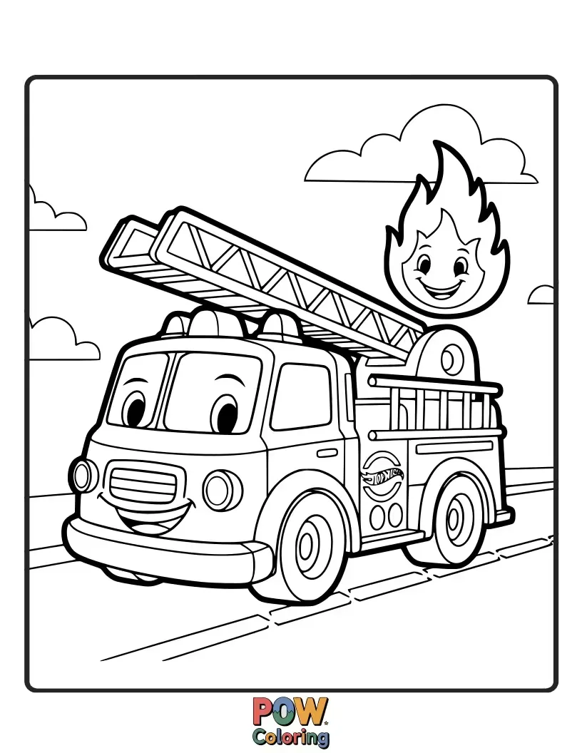 Free coloring page of A brave Hot Wheels fire truck rushing to the scene, with friendly flames and helpful water droplets.