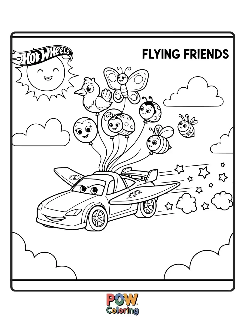 Free coloring page of A whimsical Hot Wheels plane soaring through fluffy clouds, with happy birds and a bright sun.
