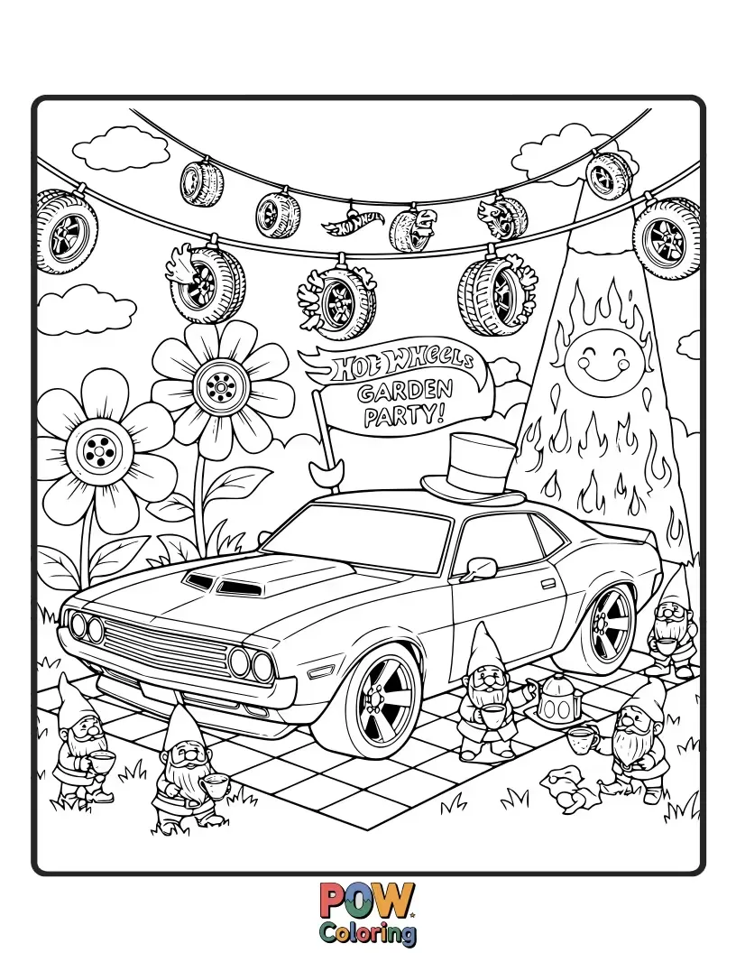 Free coloring page of A delightful Hot Wheels car adorned with flowers, driving through a beautiful garden filled with butterflies and ladybugs.