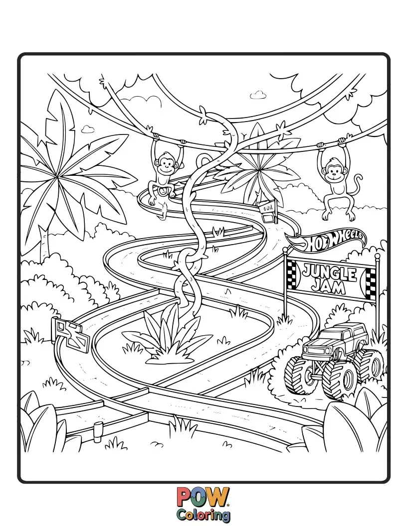 Free coloring page of A speedy Hot Wheels jeep navigating through a lush jungle, encountering curious monkeys and colorful parrots.