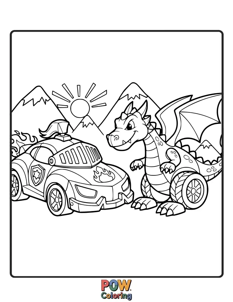 Free coloring page of A courageous Hot Wheels knight car facing a friendly, albeit grumpy, dragon in a whimsical medieval setting.