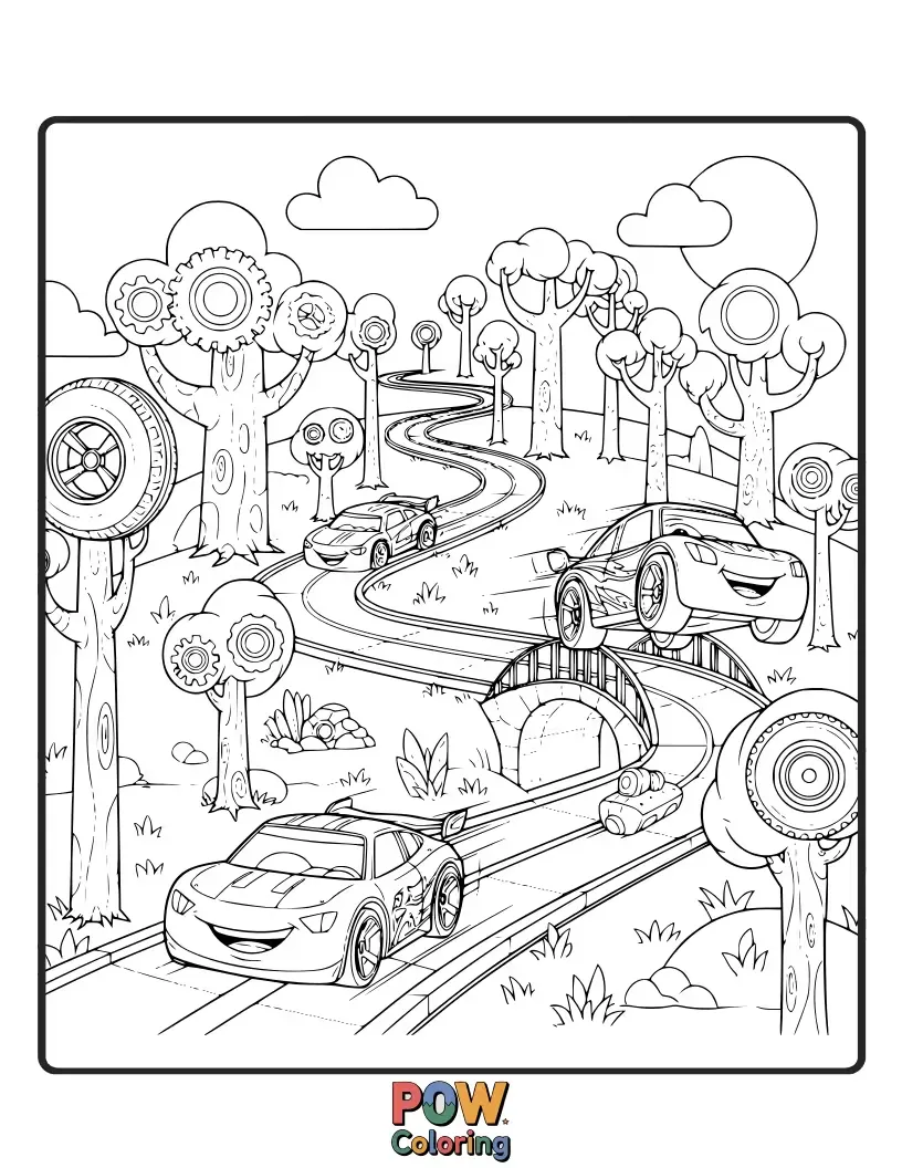 Free coloring page of A mysterious Hot Wheels car venturing into an enchanted forest filled with glowing mushrooms and whimsical woodland creatures.