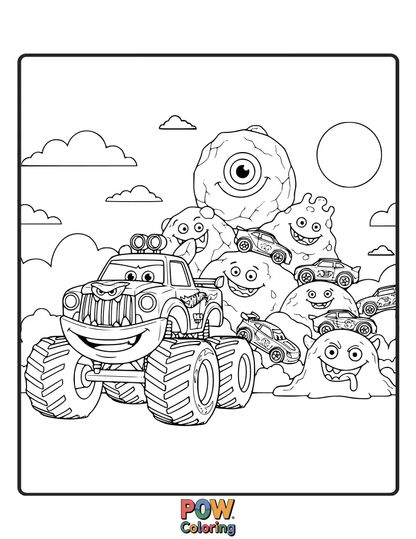 Free coloring page of A silly Hot Wheels monster truck with googly eyes and fuzzy wheels, ready for a fun-filled, spooky celebration.