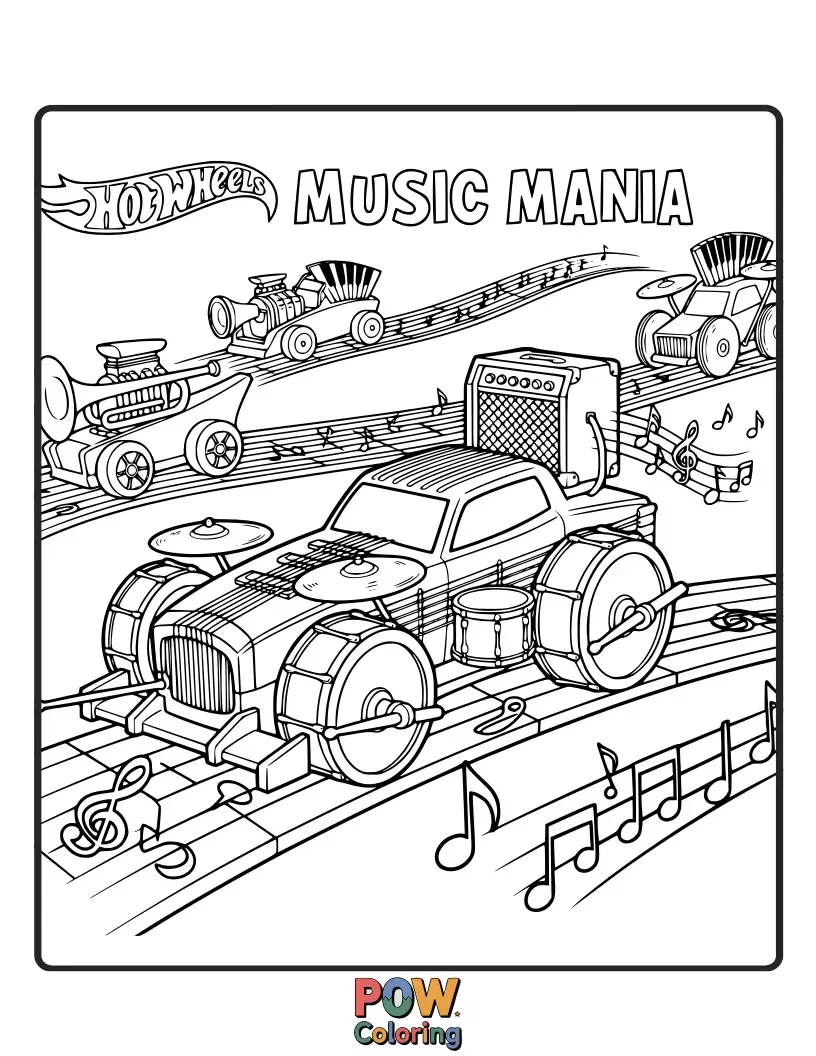 Free coloring page of A groovy Hot Wheels car blasting tunes from its stereo, surrounded by musical notes and dancing characters.
