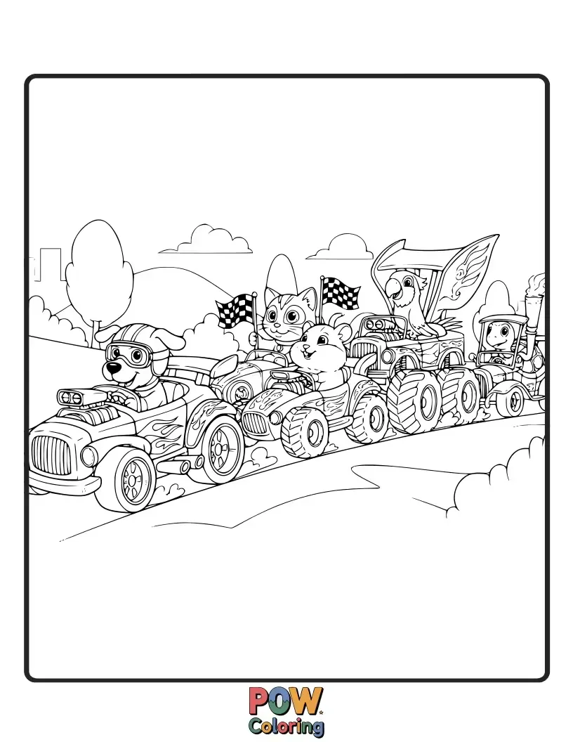 Free coloring page of A festive Hot Wheels float car leading a charming parade of friendly pets, all dressed in delightful costumes.