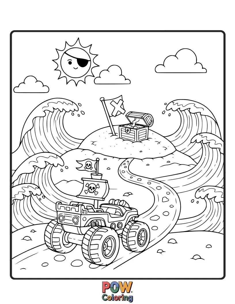 Free coloring page of A thrilling Hot Wheels pirate ship car sailing the high seas in search of hidden treasure.