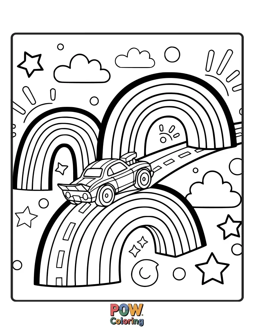 Free coloring page of A whimsical Hot Wheels car driving on a vibrant rainbow bridge, leaving a trail of sparkly stars.