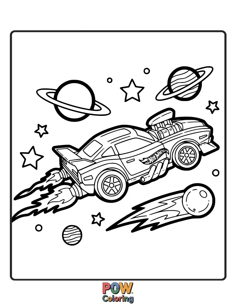 Free coloring page of An adventurous Hot Wheels rocket car soaring through a galaxy filled with playful planets and twinkling stars.
