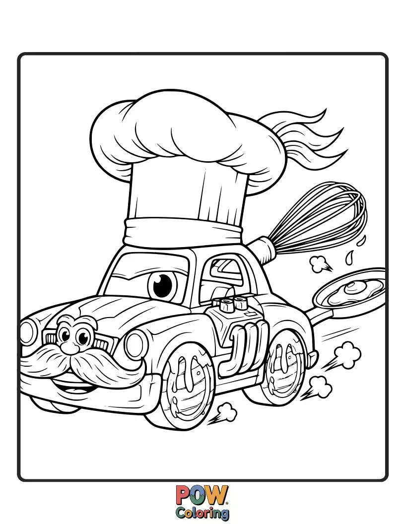 Free coloring page of A fast-paced Hot Wheels food truck creating culinary masterpieces, with smiling customers and delicious ingredients.