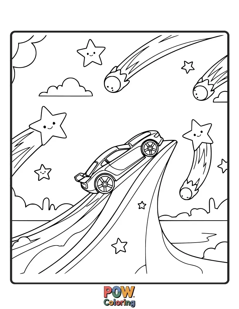 Free coloring page of A magical Hot Wheels car leaving a trail of shimmering stardust as it drives through a starry night sky.