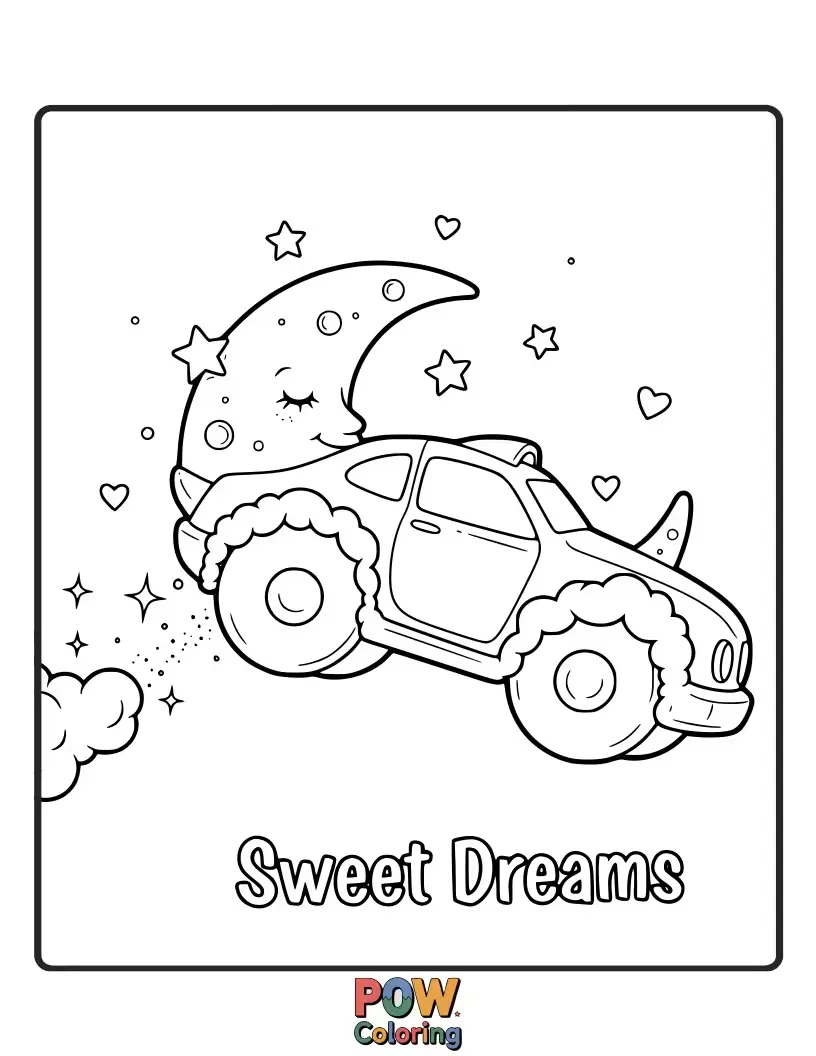 Free coloring page of A sleepy Hot Wheels car nestled amongst fluffy clouds and a crescent moon, ready for a peaceful night.