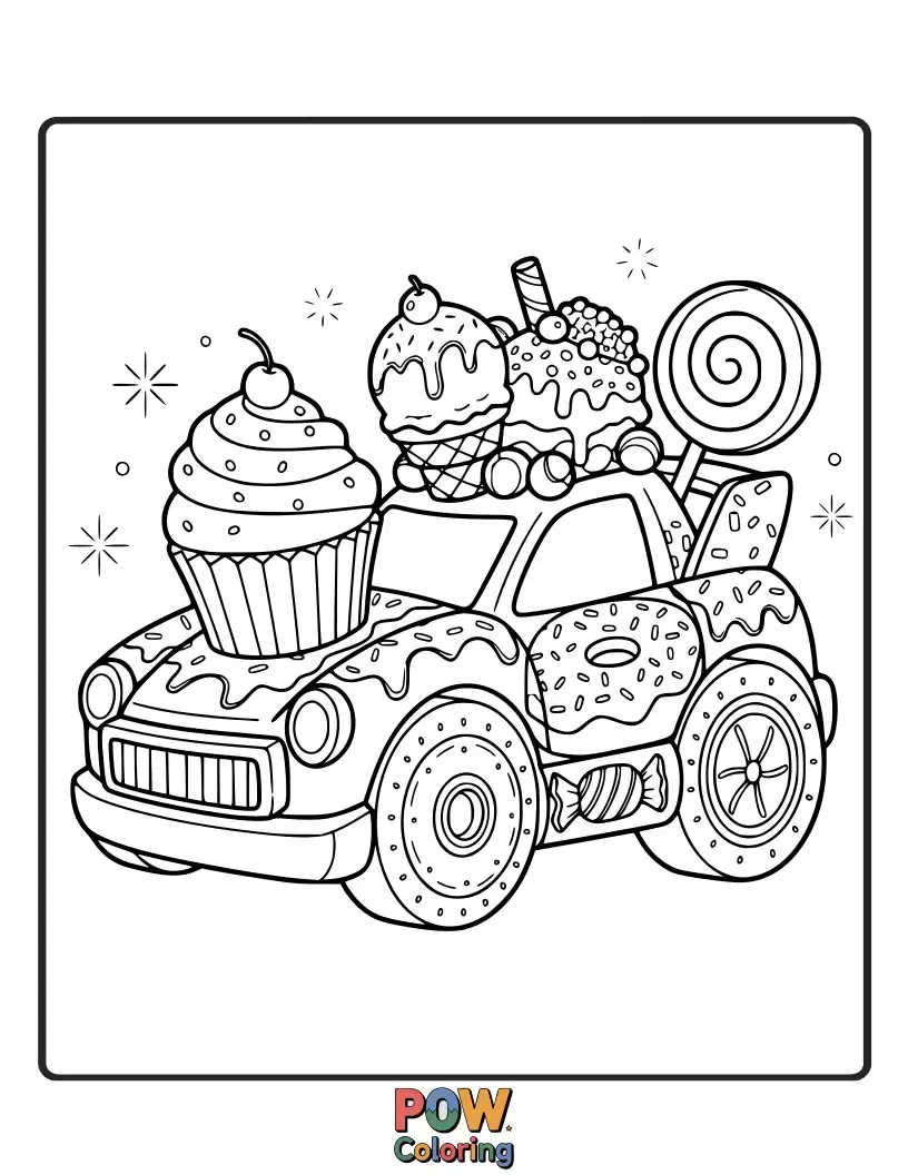 Free coloring page of A delicious Hot Wheels ice cream truck delivering frosty delights to happy toy characters.
