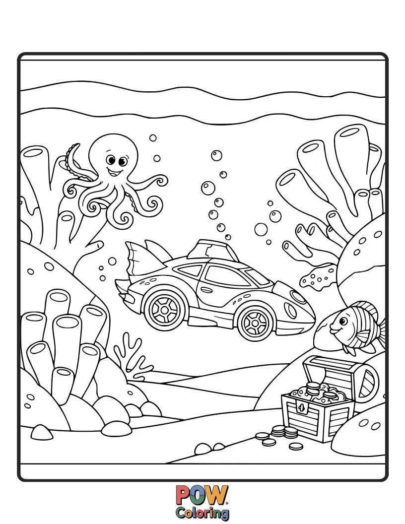Free coloring page of A charming Hot Wheels submarine exploring a vibrant coral reef teeming with playful fish and bubbling water.