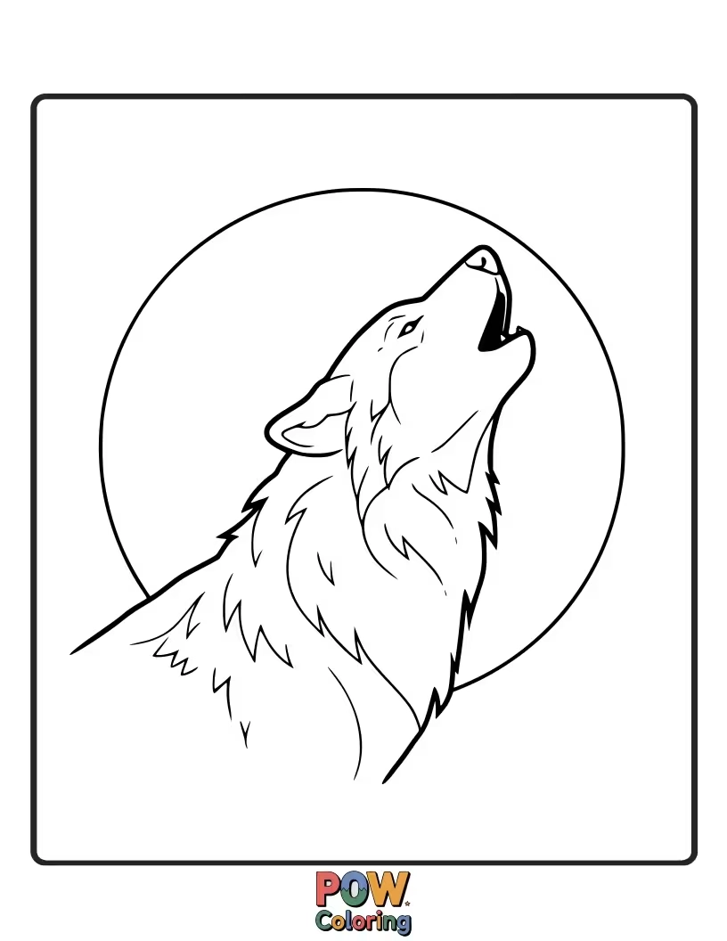 Free coloring page of A silhouette of a wolf howling at a large, luminous full moon, with distant pine trees.