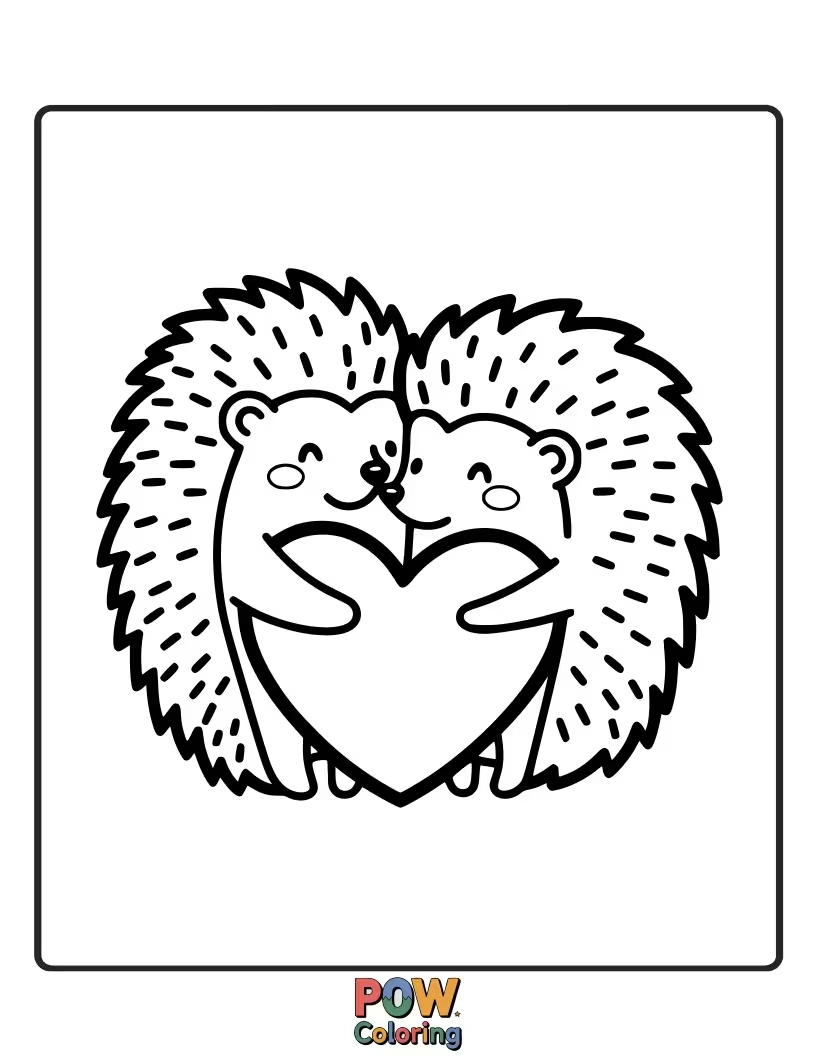 Free coloring page of A shy hedgehog, blushing bright red, offers a heart-shaped leaf to its crush, hoping for a hug in return this Valentine's.