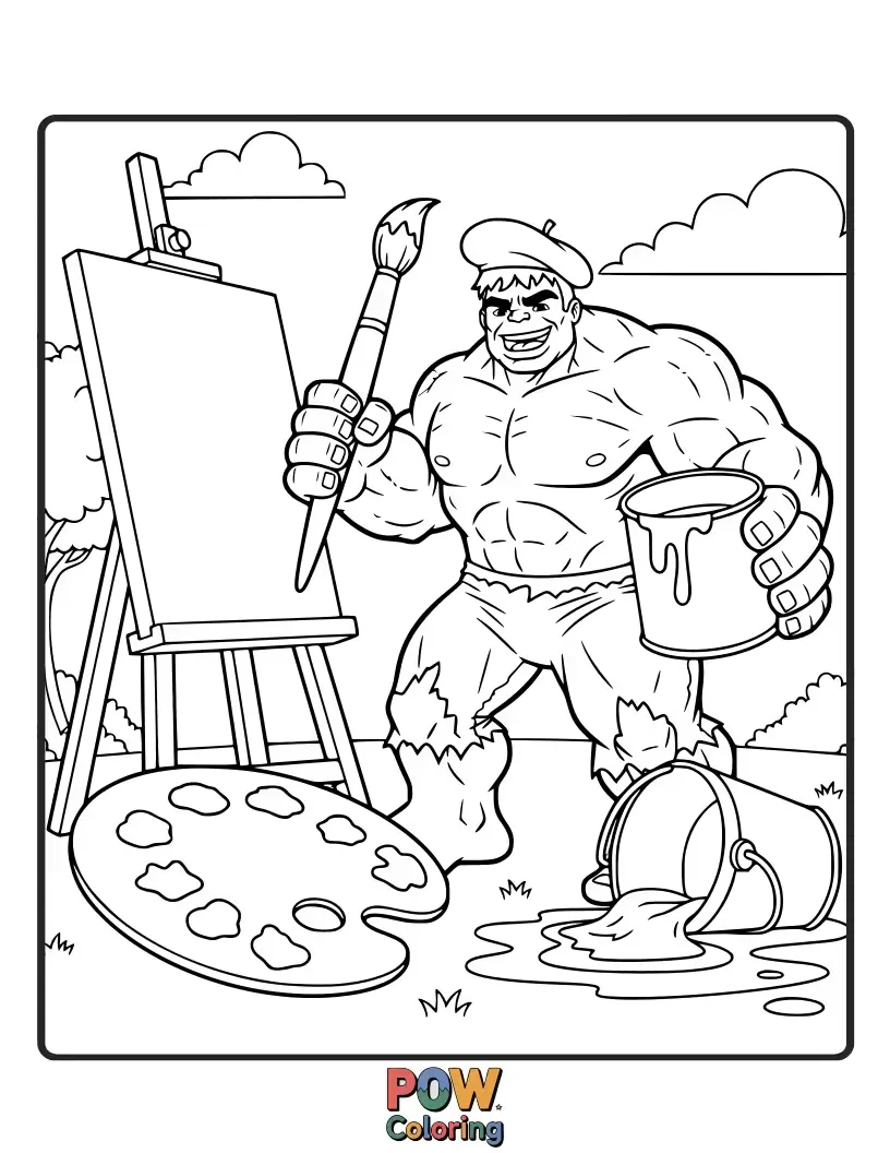 Free coloring page of Hulk painting a large, abstract landscape with his fists.
