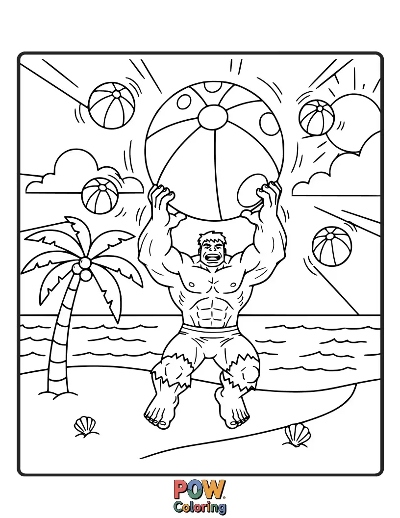 Free coloring page of Hulk playing with a giant beach ball in the ocean.