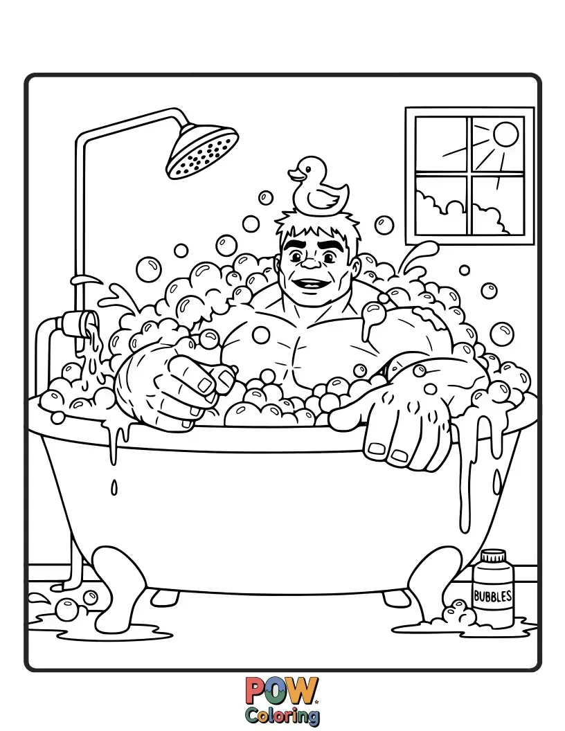 Free coloring page of Hulk joyfully playing in a giant bubble bath.