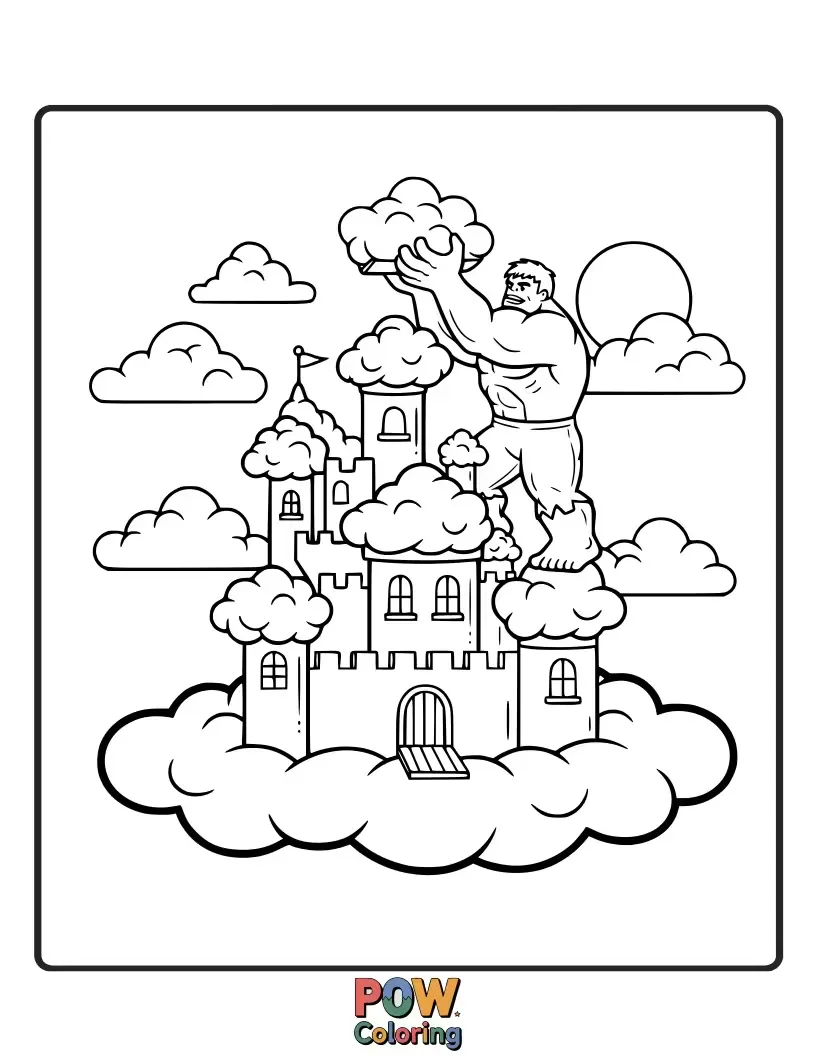 Free coloring page of Hulk building a castle out of clouds.