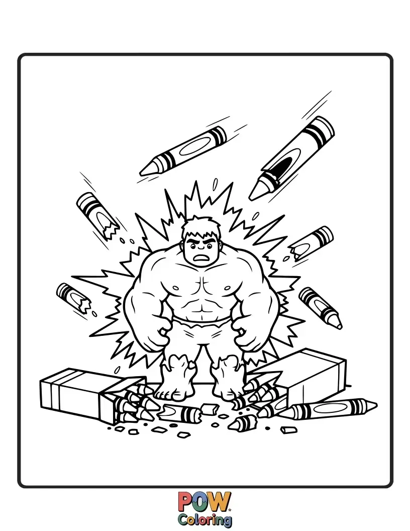 Free coloring page of Hulk drawing a giant mural with huge crayons.