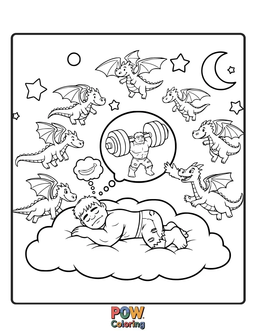 Free coloring page of Hulk befriending a friendly, colorful dragon.