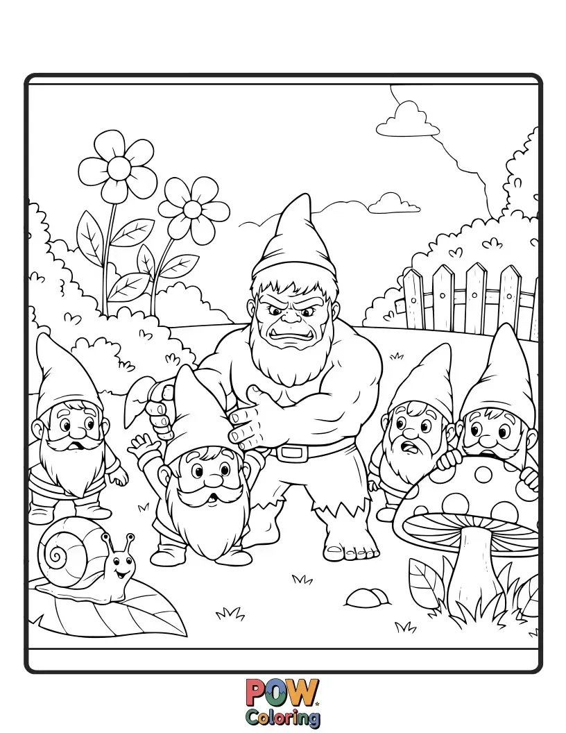 Free coloring page of Hulk clumsily painting tiny garden gnomes.