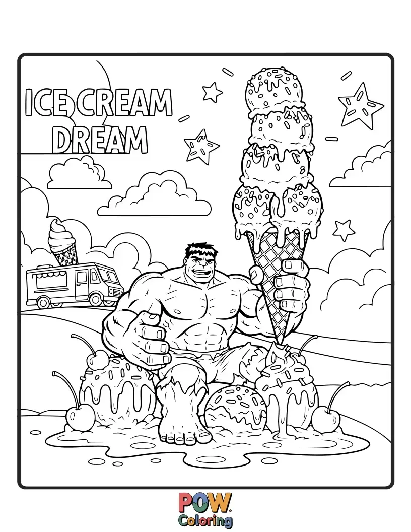 Free coloring page of Hulk eating a gigantic ice cream cone.
