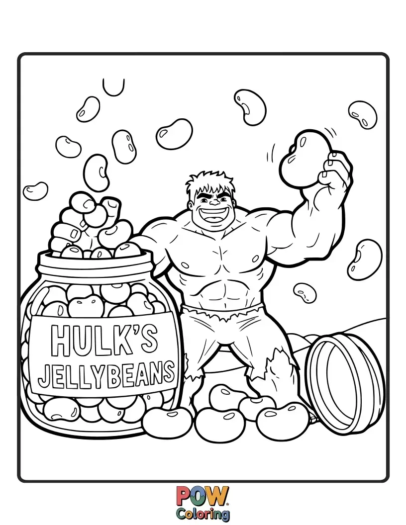 Free coloring page of Hulk happily surrounded by a pile of jellybeans.