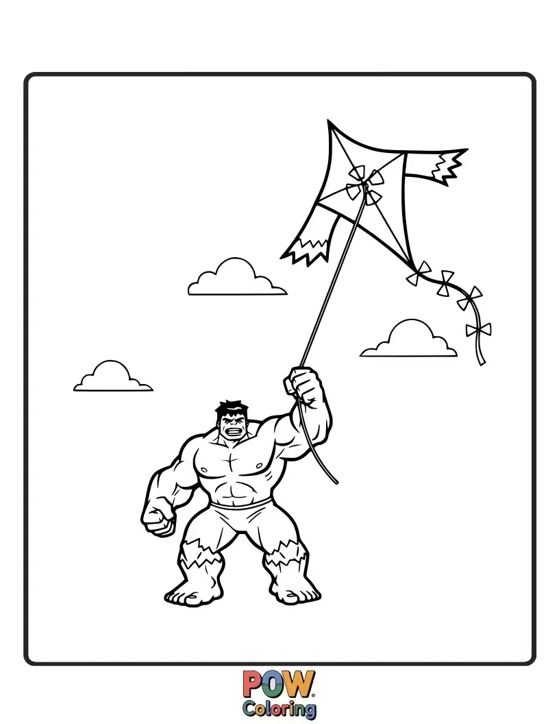 Free coloring page of Hulk flying a giant kite.