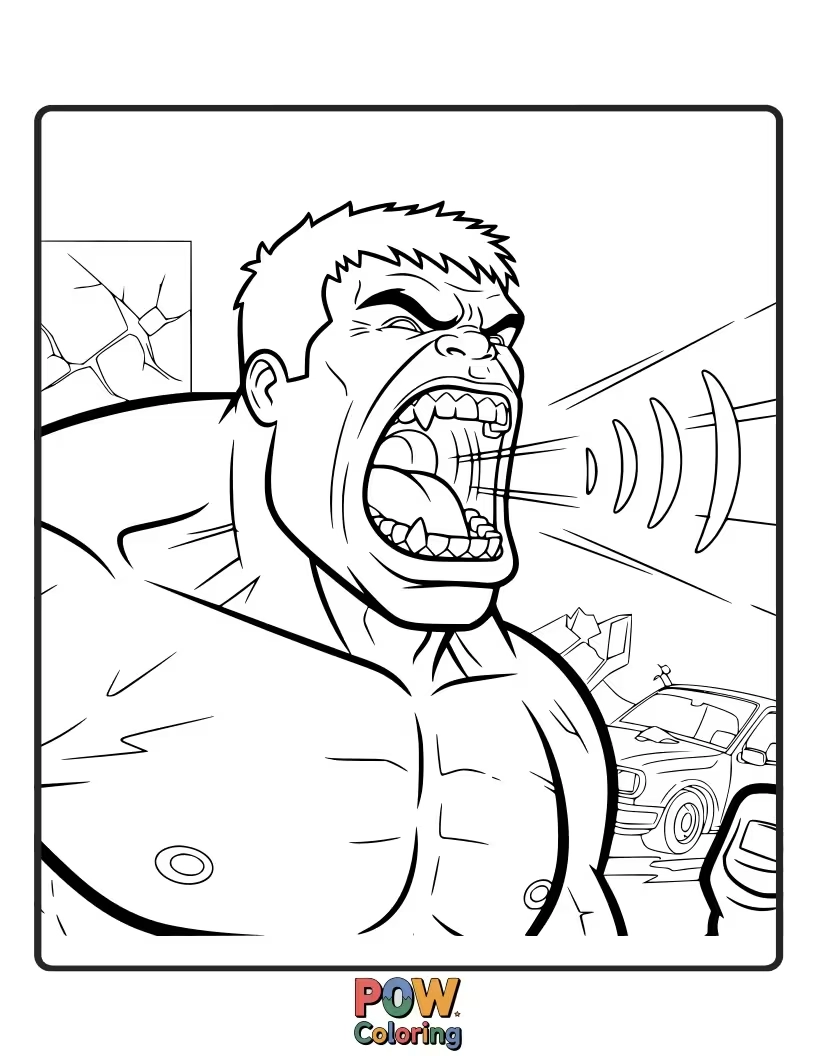 Free coloring page of Depict the raw power of the Hulk mid-roar, surrounded by shattered debris. Emphasize his green fury!